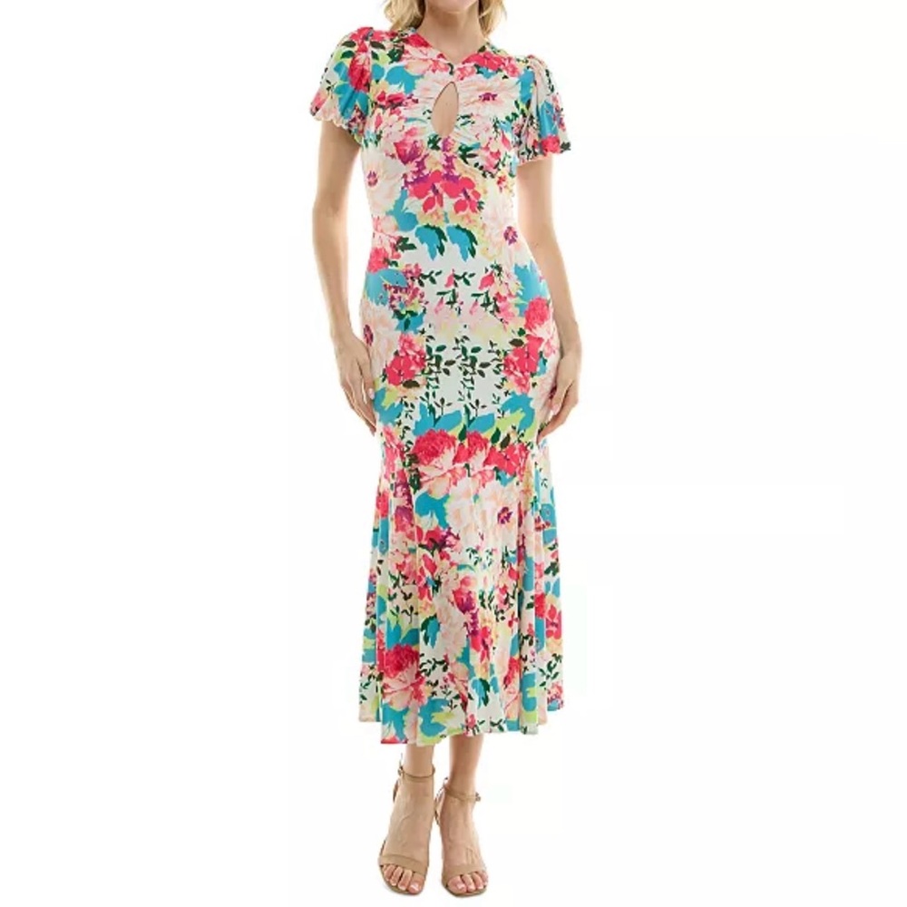 Taylor Women’s Floral Short Puff-Sleeve Tea-Length Dress Size 4